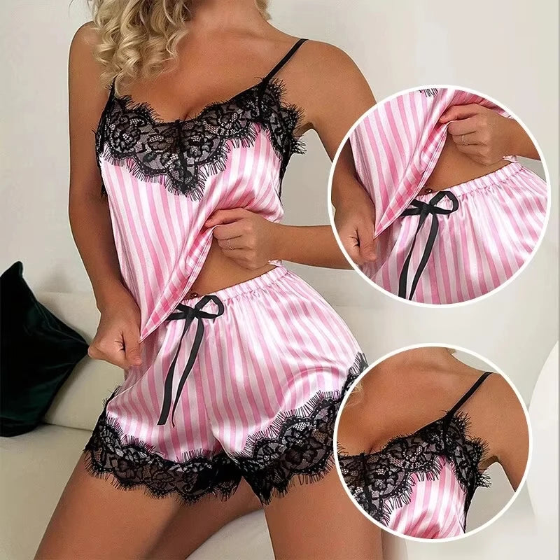 Women’s Sexy Lace V-Neck Suspender Pajama Set – Sleeveless Top & Shorts