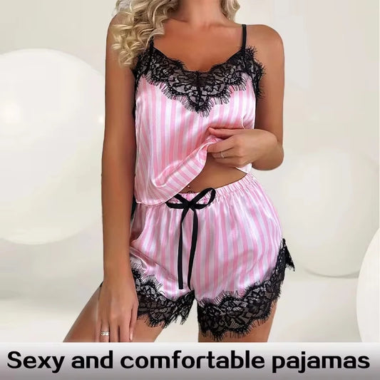 Women’s Sexy Lace V-Neck Suspender Pajama Set – Sleeveless Top & Shorts