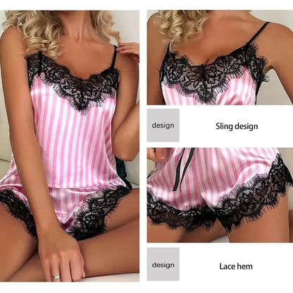 Women’s Sexy Lace V-Neck Suspender Pajama Set – Sleeveless Top & Shorts