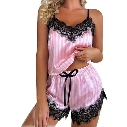 Women’s Sexy Lace V-Neck Suspender Pajama Set – Sleeveless Top & Shorts