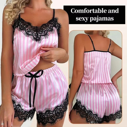 Women’s Sexy Lace V-Neck Suspender Pajama Set – Sleeveless Top & Shorts