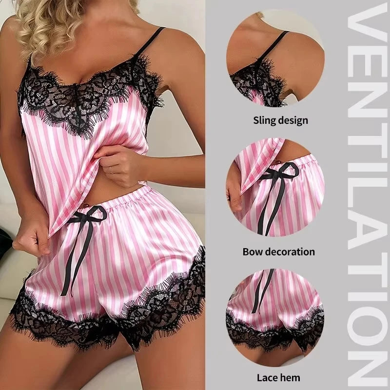 Women’s Sexy Lace V-Neck Suspender Pajama Set – Sleeveless Top & Shorts