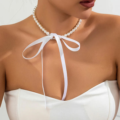 Retro Ribbon Choker Necklace with Velvet Pearl Bracelet