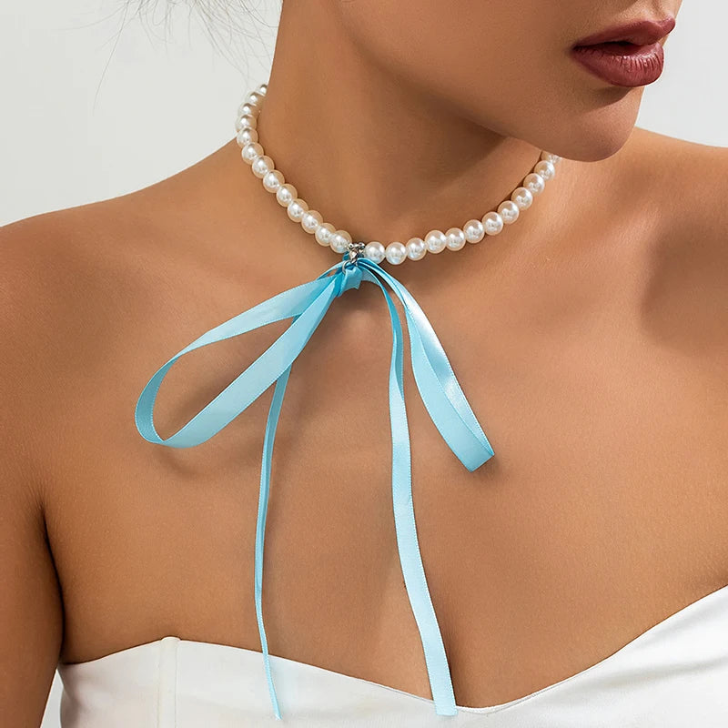 Retro Ribbon Choker Necklace with Velvet Pearl Bracelet