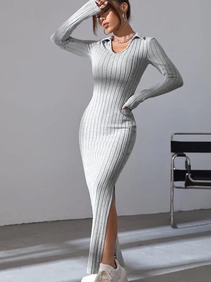 Women’s Sexy Knit V-Neck Sweater Dress – Full Sleeve, Bodycon, Split Hem