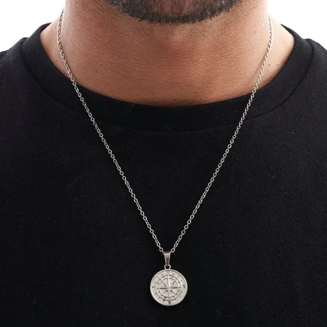 Compass Necklace for Men – Layered Cuban & Figaro Chain Set