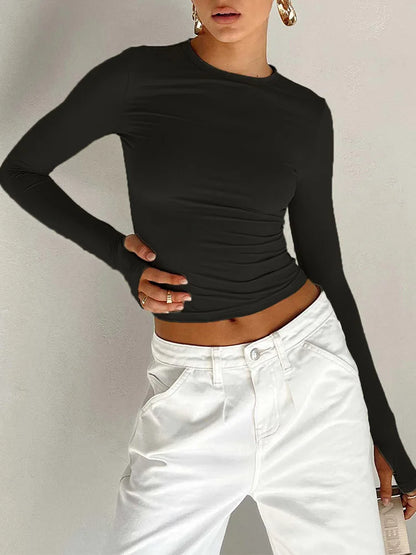 Women’s Trendy Long Sleeve Crop Top – Slim Fit, Crew Neck, & Thumb Hole Design