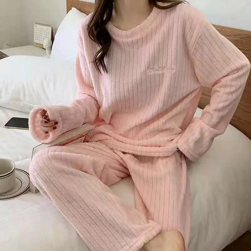 Women's Autumn Velvet Ribbed Fleece Pajama Set – Warm 2-Piece Pullover & Pants