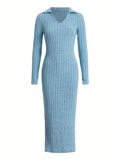 Women’s Sexy Knit V-Neck Sweater Dress – Full Sleeve, Bodycon, Split Hem