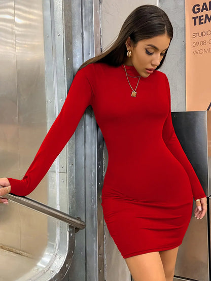 Women's Long Sleeve Bodycon Mini Dress – Turtleneck, Ruched, Elegant Party Outfit