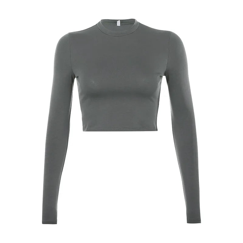 Solid Basic Long Sleeve Women's T-Shirt – Casual Black & White Fashion Crop Top