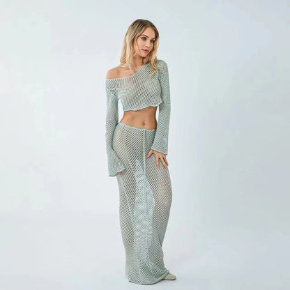 Y2K Sexy Hollow Out Maxi Skirt Set – Crochet Tie-Up Crop Top & Bodycon Knitted Long Skirt