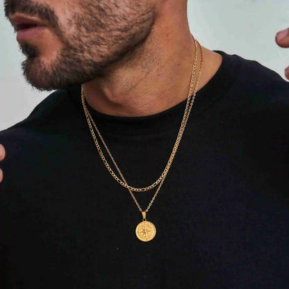 Compass Necklace for Men – Layered Cuban & Figaro Chain Set