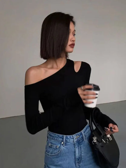 Off-Shoulder Skew Collar Long-Sleeve Crop Top – Slim Fit Hollow-Out Tee