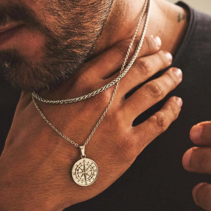 Compass Necklace for Men – Layered Cuban & Figaro Chain Set