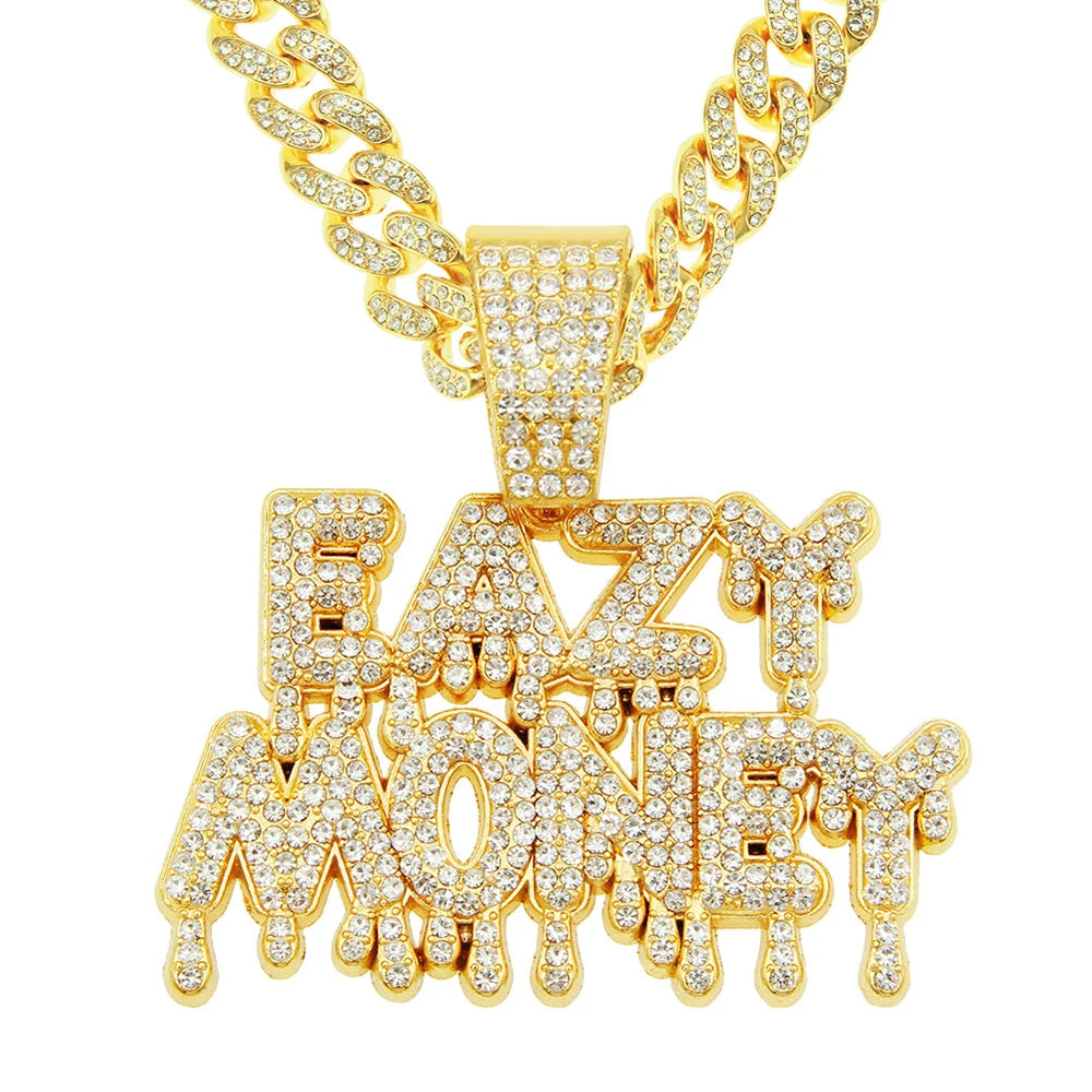 EAZY MONEY Letter Pendant with Miami Cuban Chain – Hip-Hop Bling Necklace