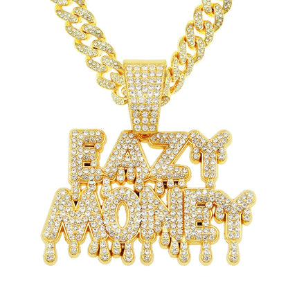 EAZY MONEY Letter Pendant with Miami Cuban Chain – Hip-Hop Bling Necklace