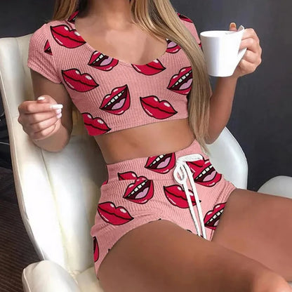 Women's Summer Lips Print Pajama Set – Short Sleeve Top & Shorts Sleepwear