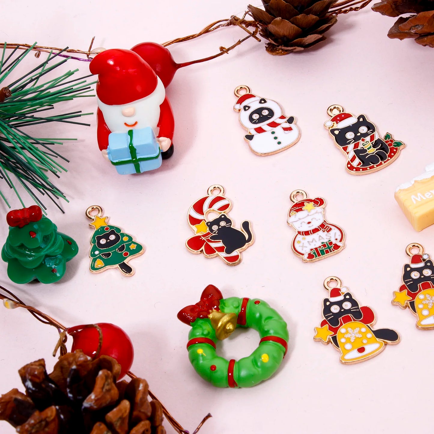 10pcs Christmas Charms – Multicolor Cat & Tree Bell Pendants for DIY Jewelry