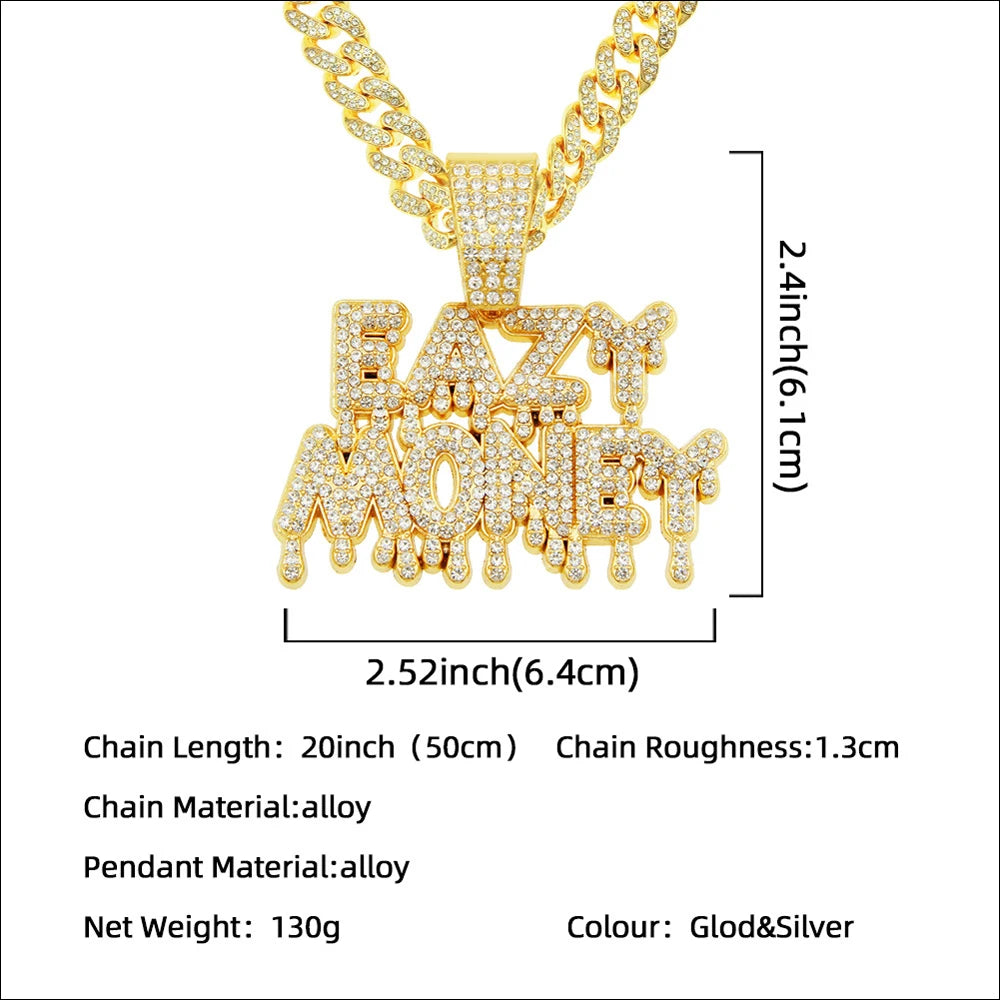 EAZY MONEY Letter Pendant with Miami Cuban Chain – Hip-Hop Bling Necklace