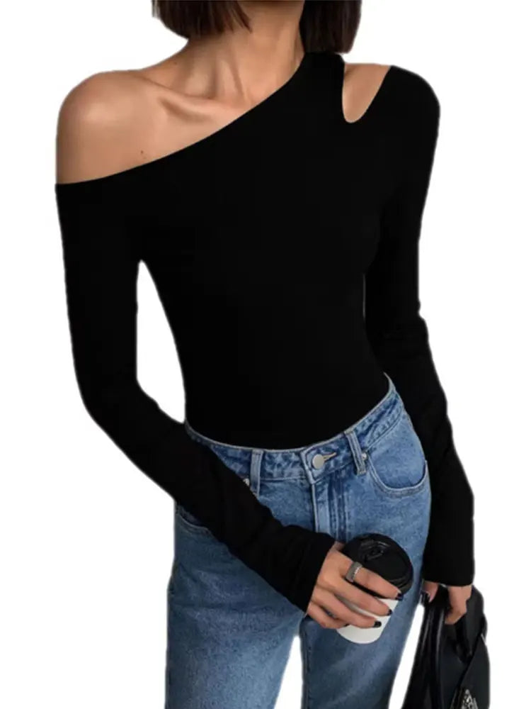 Off-Shoulder Skew Collar Long-Sleeve Crop Top – Slim Fit Hollow-Out Tee