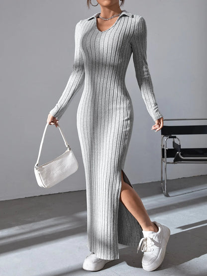 Women’s Sexy Knit V-Neck Sweater Dress – Full Sleeve, Bodycon, Split Hem