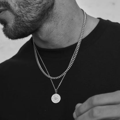 Compass Necklace for Men – Layered Cuban & Figaro Chain Set