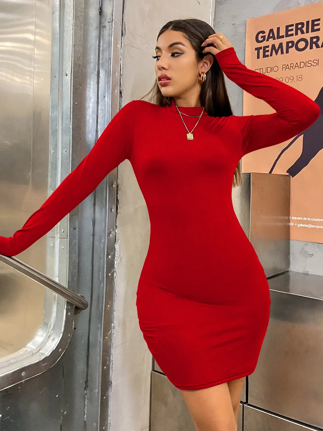 Women's Long Sleeve Bodycon Mini Dress – Turtleneck, Ruched, Elegant Party Outfit