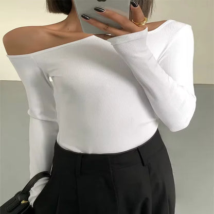 Off-Shoulder Skew Collar Long-Sleeve Crop Top – Slim Fit Hollow-Out Tee