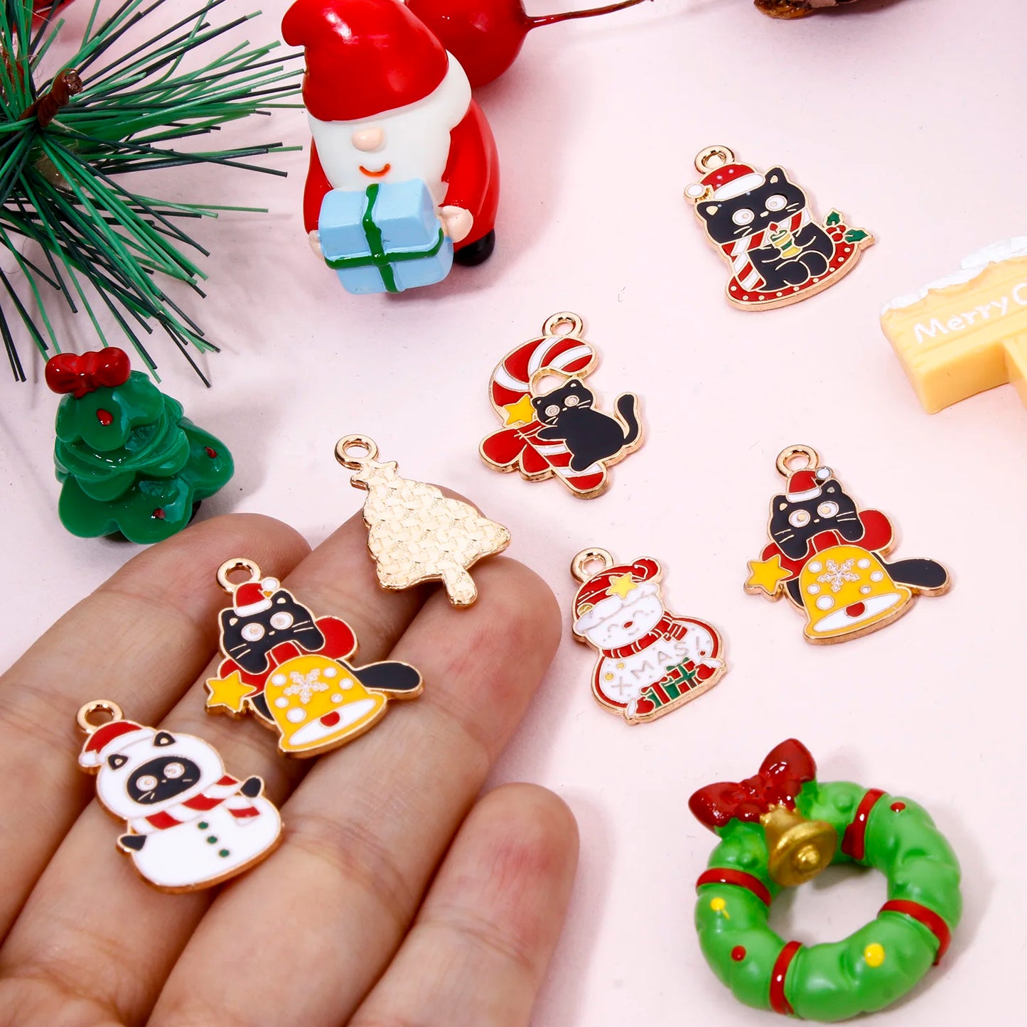 10pcs Christmas Charms – Multicolor Cat & Tree Bell Pendants for DIY Jewelry