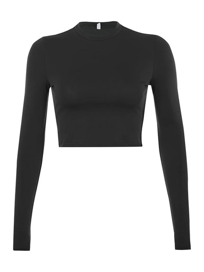 Solid Basic Long Sleeve Women's T-Shirt – Casual Black & White Fashion Crop Top