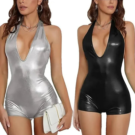 Spring & Autumn High-Elastic Glossy Patent Leather Jumpsuit