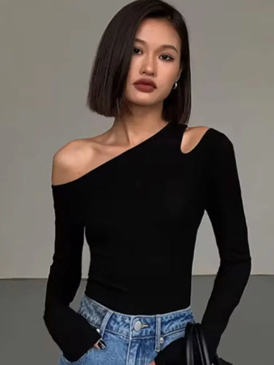 Off-Shoulder Skew Collar Long-Sleeve Crop Top – Slim Fit Hollow-Out Tee