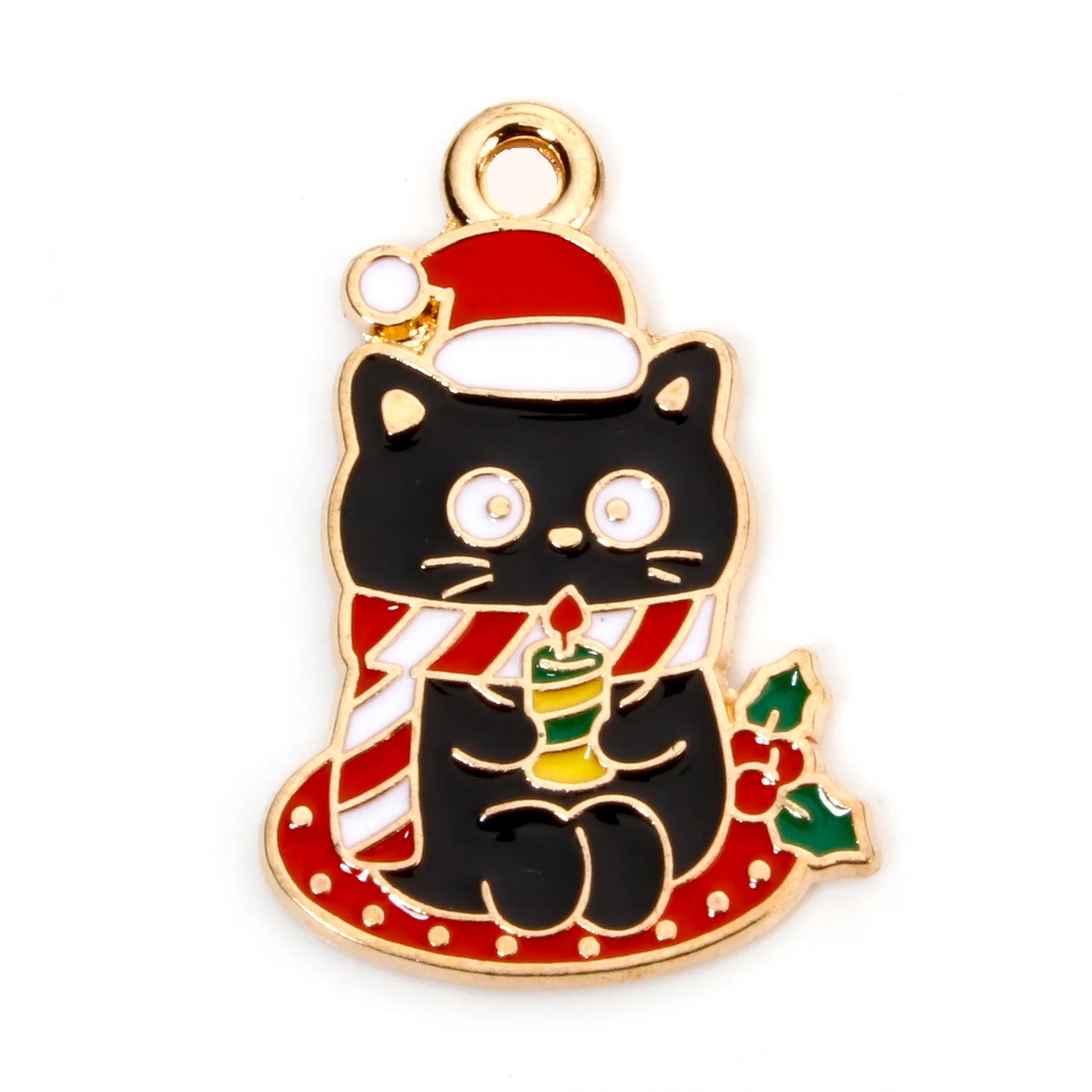 10pcs Christmas Charms – Multicolor Cat & Tree Bell Pendants for DIY Jewelry