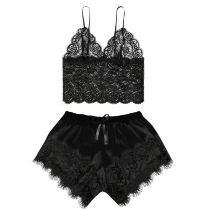 Women's Lace Pajama Set – V-Neck Low-Cut Cami & Shorts Sleepwear