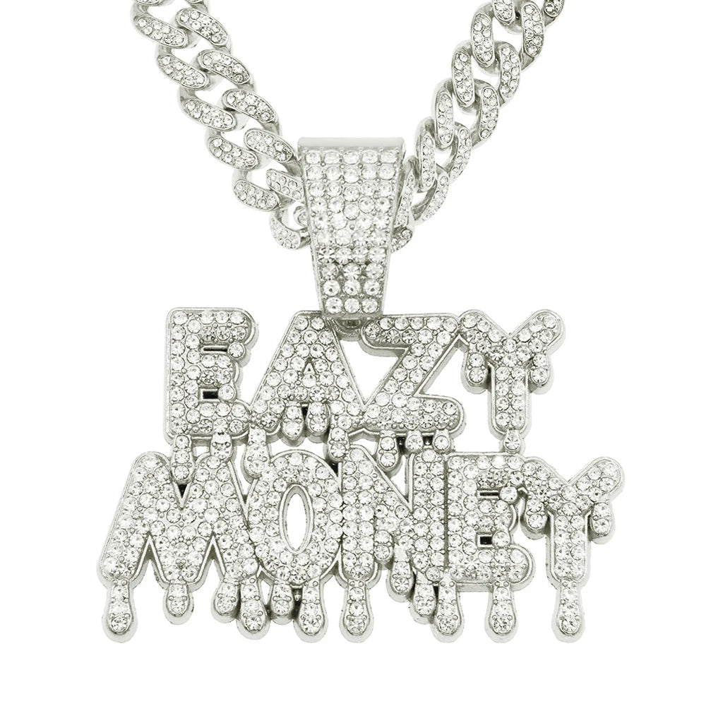 EAZY MONEY Letter Pendant with Miami Cuban Chain – Hip-Hop Bling Necklace