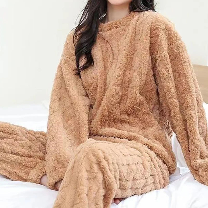 Women's Autumn Velvet Ribbed Fleece Pajama Set – Warm 2-Piece Pullover & Pants