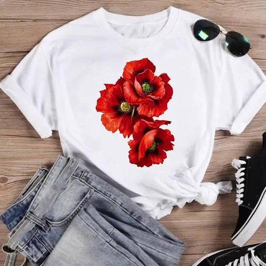 Spring Watercolor Floral Graphic T-Shirt – Women’s Short Sleeve Summer Tee