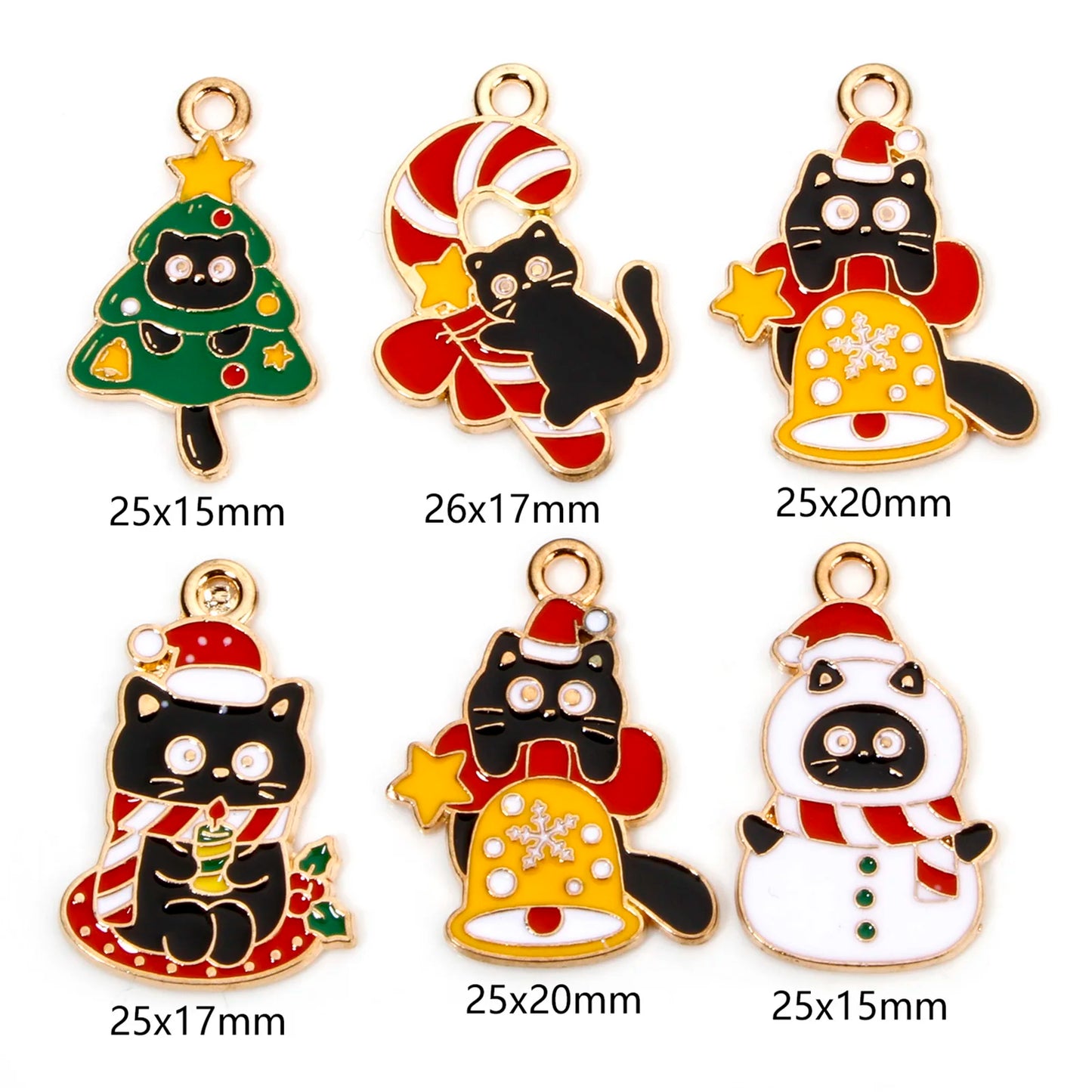 10pcs Christmas Charms – Multicolor Cat & Tree Bell Pendants for DIY Jewelry