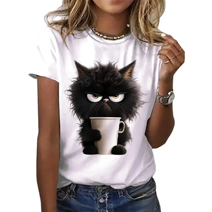 Funny Cat Print Women’s Summer T-Shirt – Casual Short Sleeve, O-Neck Top