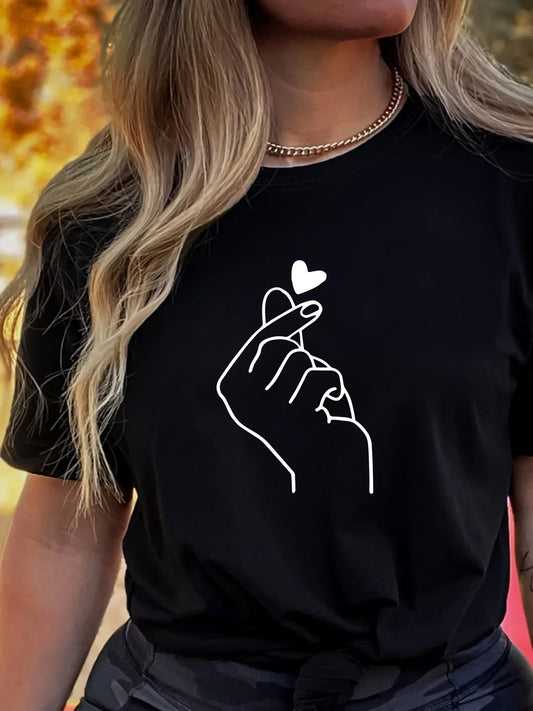 Cute Finger Heart Print Women’s T-Shirt – Casual Short Sleeve Crew Neck Tee