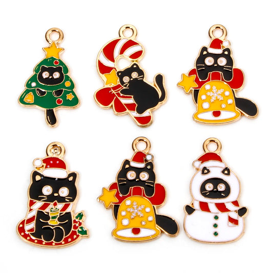 10pcs Christmas Charms – Multicolor Cat & Tree Bell Pendants for DIY Jewelry