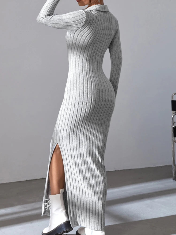 Women’s Sexy Knit V-Neck Sweater Dress – Full Sleeve, Bodycon, Split Hem