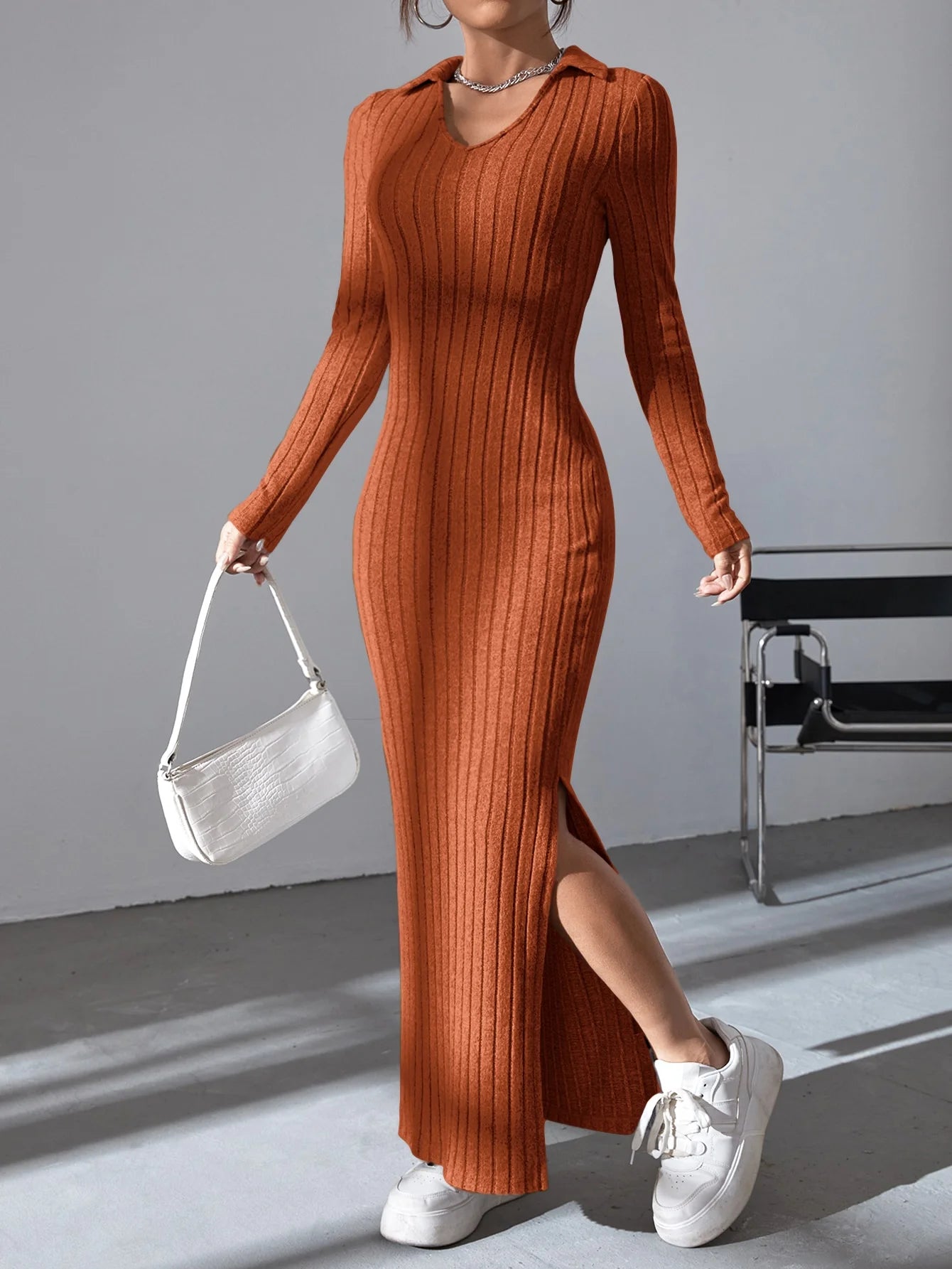 Women’s Sexy Knit V-Neck Sweater Dress – Full Sleeve, Bodycon, Split Hem