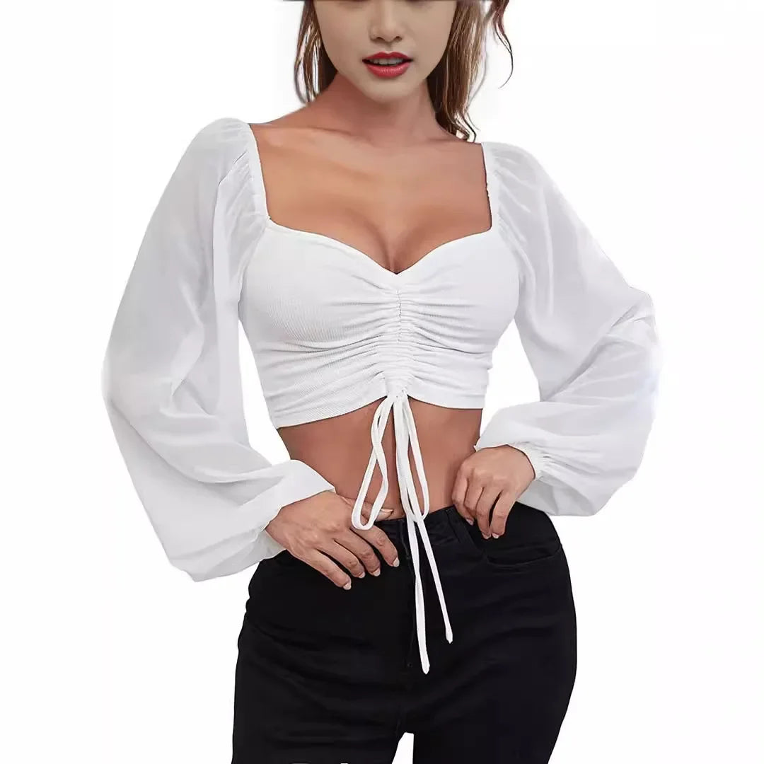 Women’s Sexy Mesh Lantern Sleeve T-Shirt – Drawstring Wrap, Bare Midriff, Long Sleeve