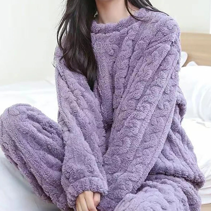 Women's Autumn Velvet Ribbed Fleece Pajama Set – Warm 2-Piece Pullover & Pants