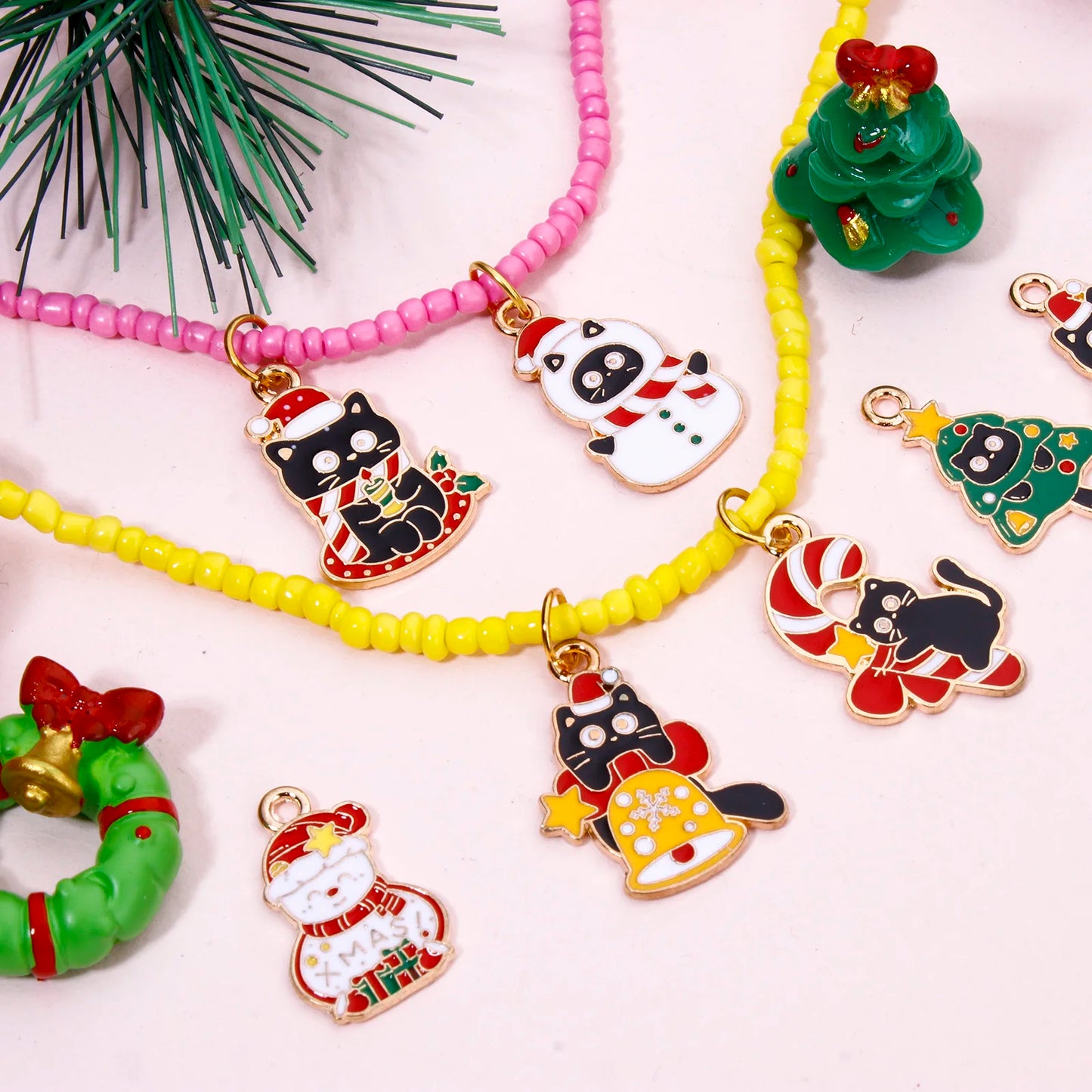 10pcs Christmas Charms – Multicolor Cat & Tree Bell Pendants for DIY Jewelry