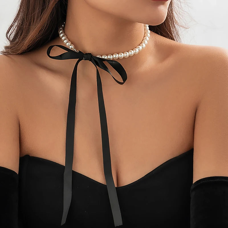 Retro Ribbon Choker Necklace with Velvet Pearl Bracelet