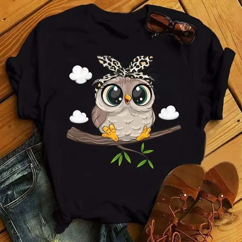 Cartoon Owl Print Women’s T-Shirt – Kawaii Graphic, Casual Black O-Neck Tee