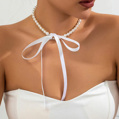 Retro Ribbon Choker Necklace with Velvet Pearl Bracelet